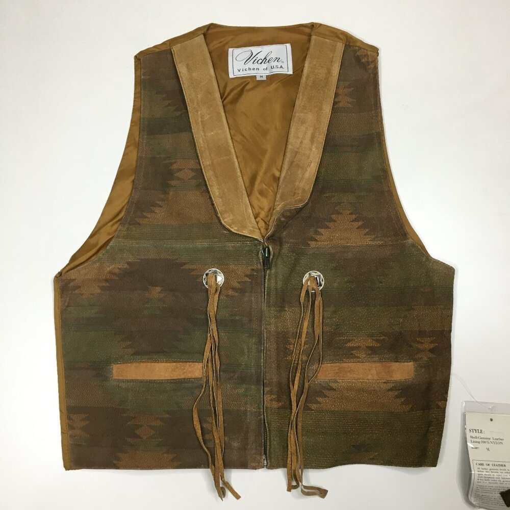 NWT VICHEN of USA Multicolor Beige Tan Genuine Suede Leather Western Zip Up Vest